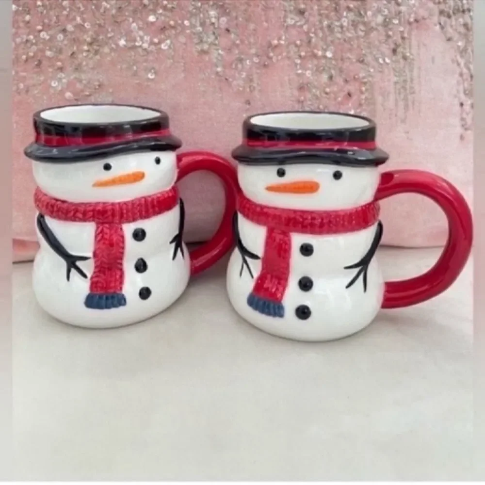 Set of 2 Christmas Snowman Mug Winter Red Scarf Seasonal Dining